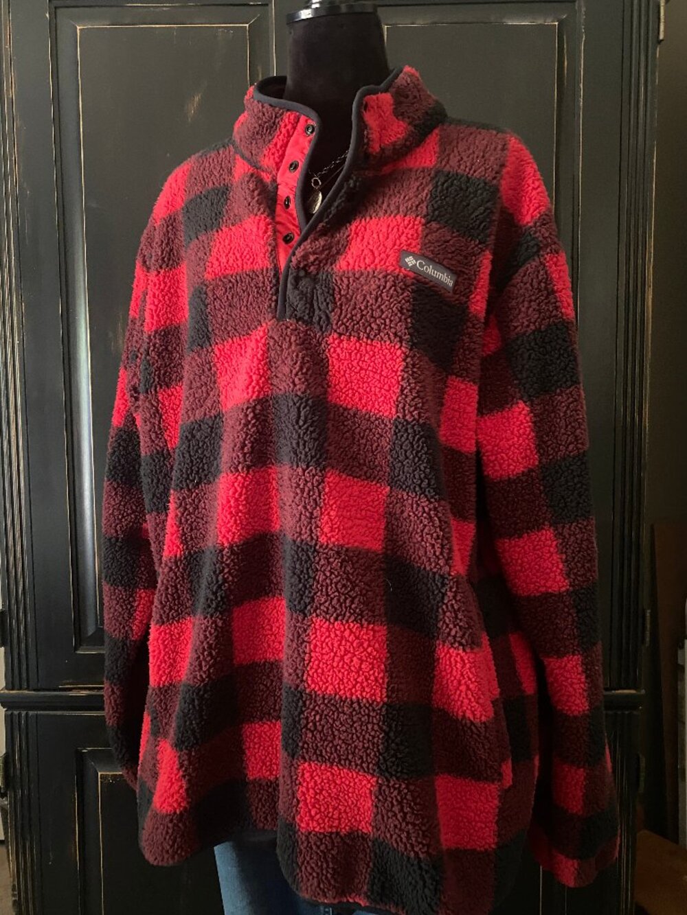 Columbia - Men's Size XL - Buffalo Plaid Sherpa Fleece Snap Pullover - Red Black